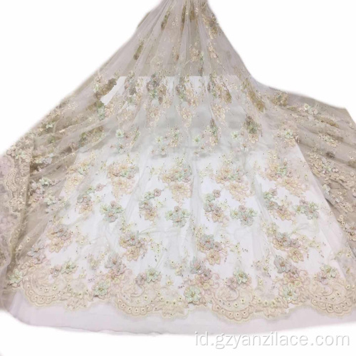 Beige pekerjaan tangan Beaded Embroidery Flower Fabric